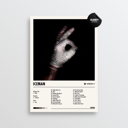 Drake ICEMAN tracklist merch custom album cover poster music poster personalized gifts poster mockup poster template album posters for wall Sunny Designs Poster 