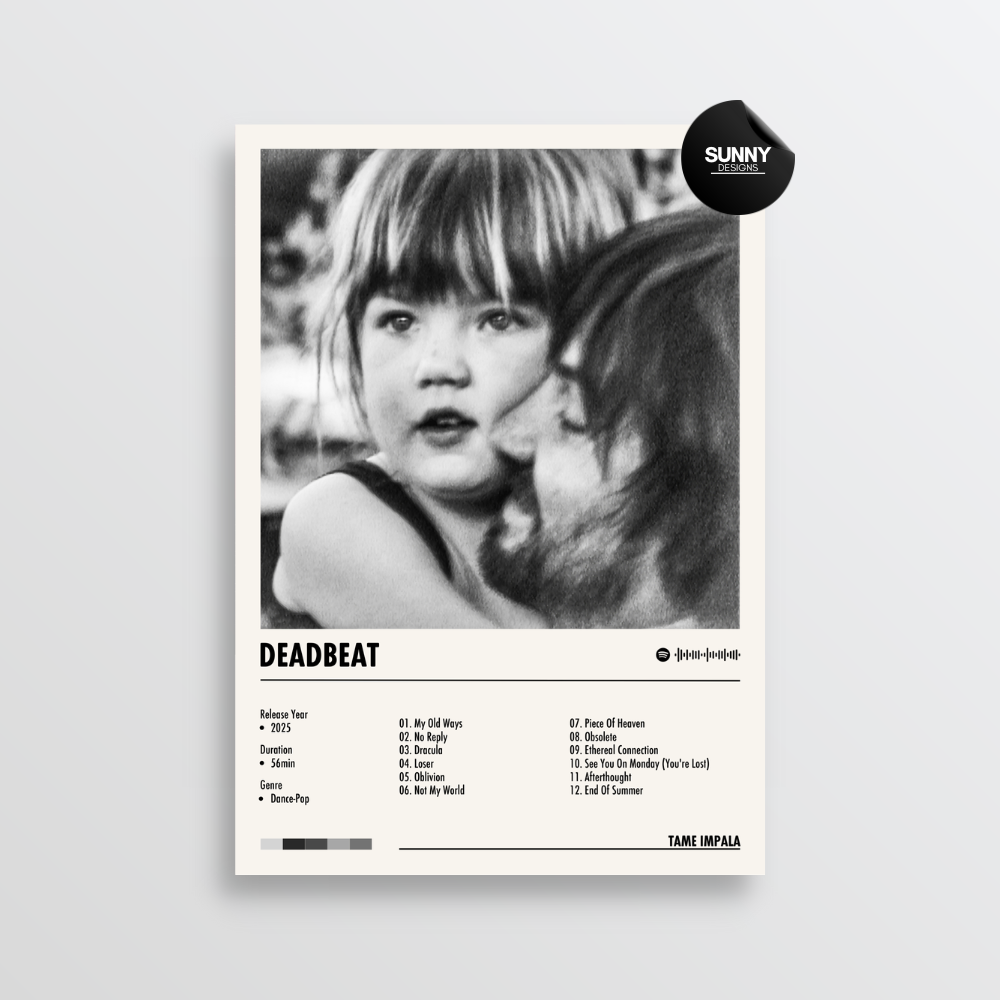 Tame Impala Deadbeat tracklist merch custom album cover poster music poster personalized gifts poster mockup poster template album posters for wall Sunny Designs Poster 