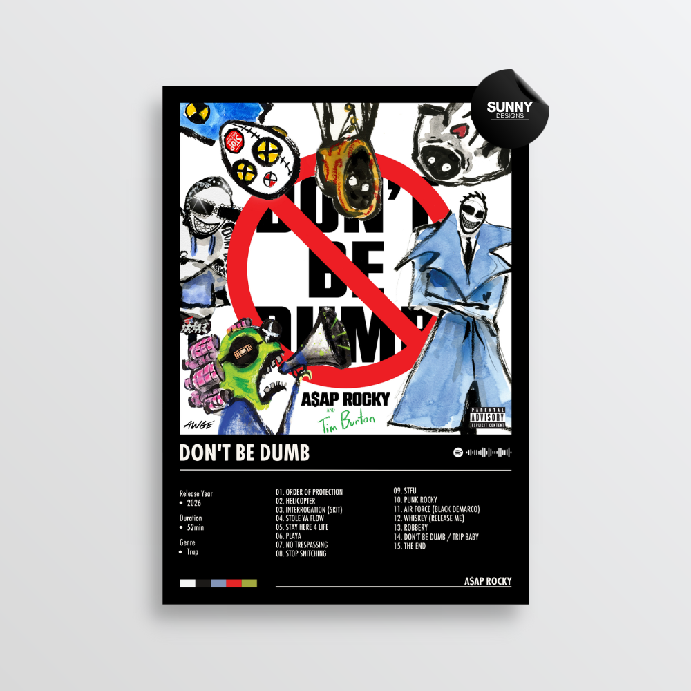 ASAP Rocky Don't Be Dumb tracklist merch custom album cover poster music poster personalized gifts poster mockup poster template album posters for wall Sunny Designs Poster 