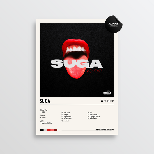 Megan Thee Stallion Suga merch custom album cover poster music poster personalized gifts poster mockup poster template album posters for wall tracklist Sunny Designs Poster
