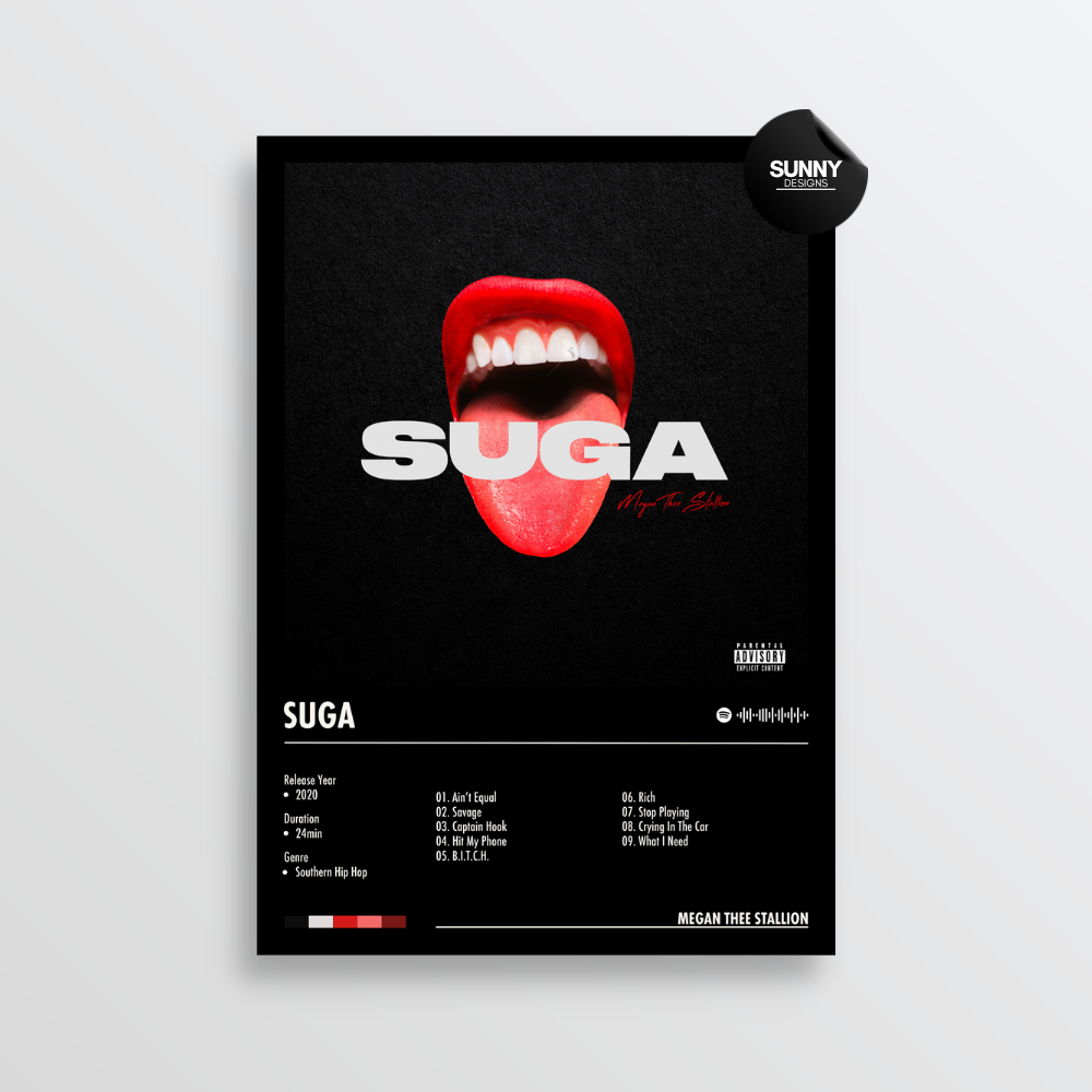 Megan Thee Stallion Suga merch custom album cover poster music poster personalized gifts poster mockup poster template album posters for wall tracklist Sunny Designs Poster
