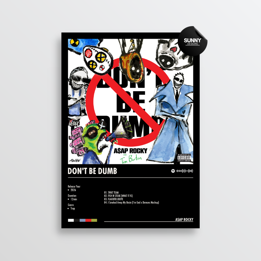 ASAP Rocky Don't Be Dumb tracklist merch custom album cover poster music poster personalized gifts poster mockup poster template album posters for wall Sunny Designs Poster 