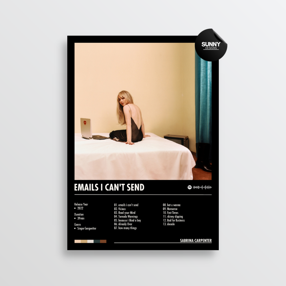 Sabrina Carpenter emails i can't send merch custom album cover poster music poster personalized gifts poster mockup poster template album posters for wall Sunny Designs Poster 