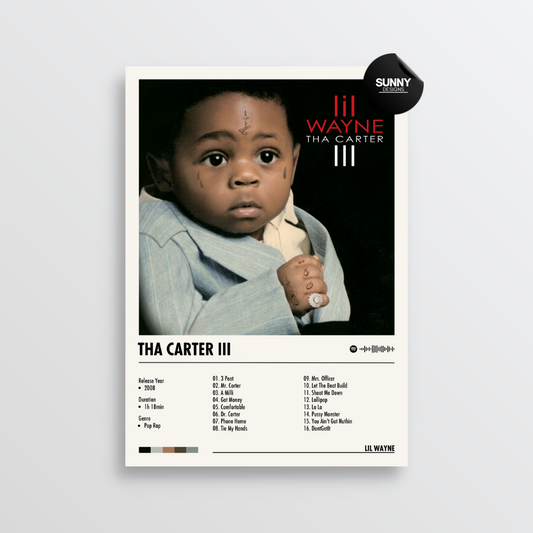 Lil Wayne Tha Carter 3 merch custom album cover poster music poster personalized gifts poster mockup poster template album posters for wall tracklist Sunny Designs Poster
